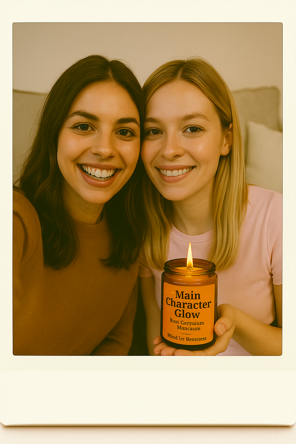 Two smiling women relaxing indoors, holding a lit “Main Character Glow” candle by Mind Ur Beezness. Cozy, soft girl vibe with warm tones.
