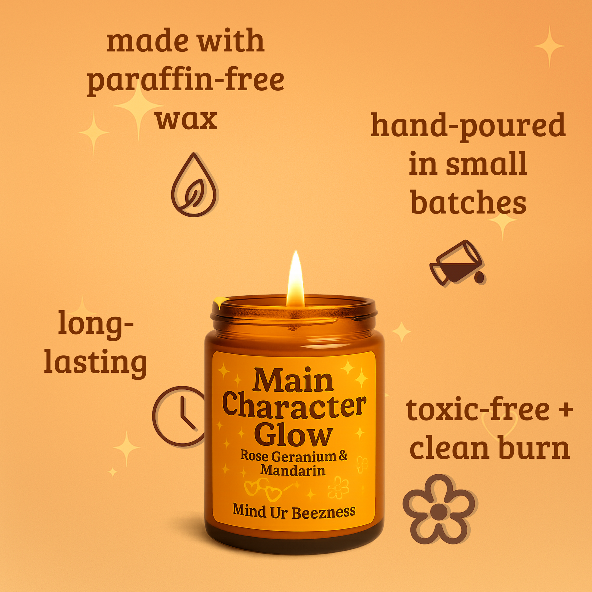 Warm-toned product graphic featuring the “Main Character Glow” candle by Mind Ur Beezness. Surrounded by icons and claims like made with paraffin-free wax, long-lasting, hand-poured in small batches, and toxic-free + clean burn.
