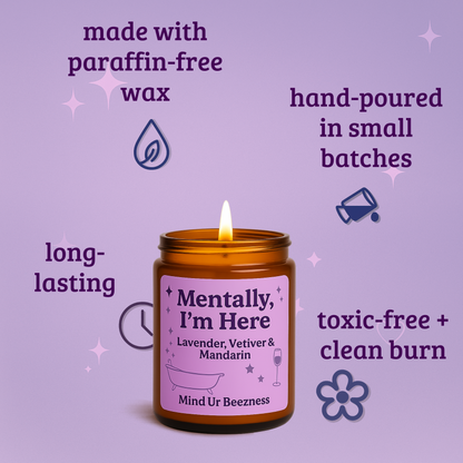 Purple-toned product graphic showing the “Mentally, I’m Here” candle by Mind Ur Beezness, surrounded by icons and text highlighting its benefits: paraffin-free wax, long-lasting burn, hand-poured in small batches, and clean, non-toxic burn.
