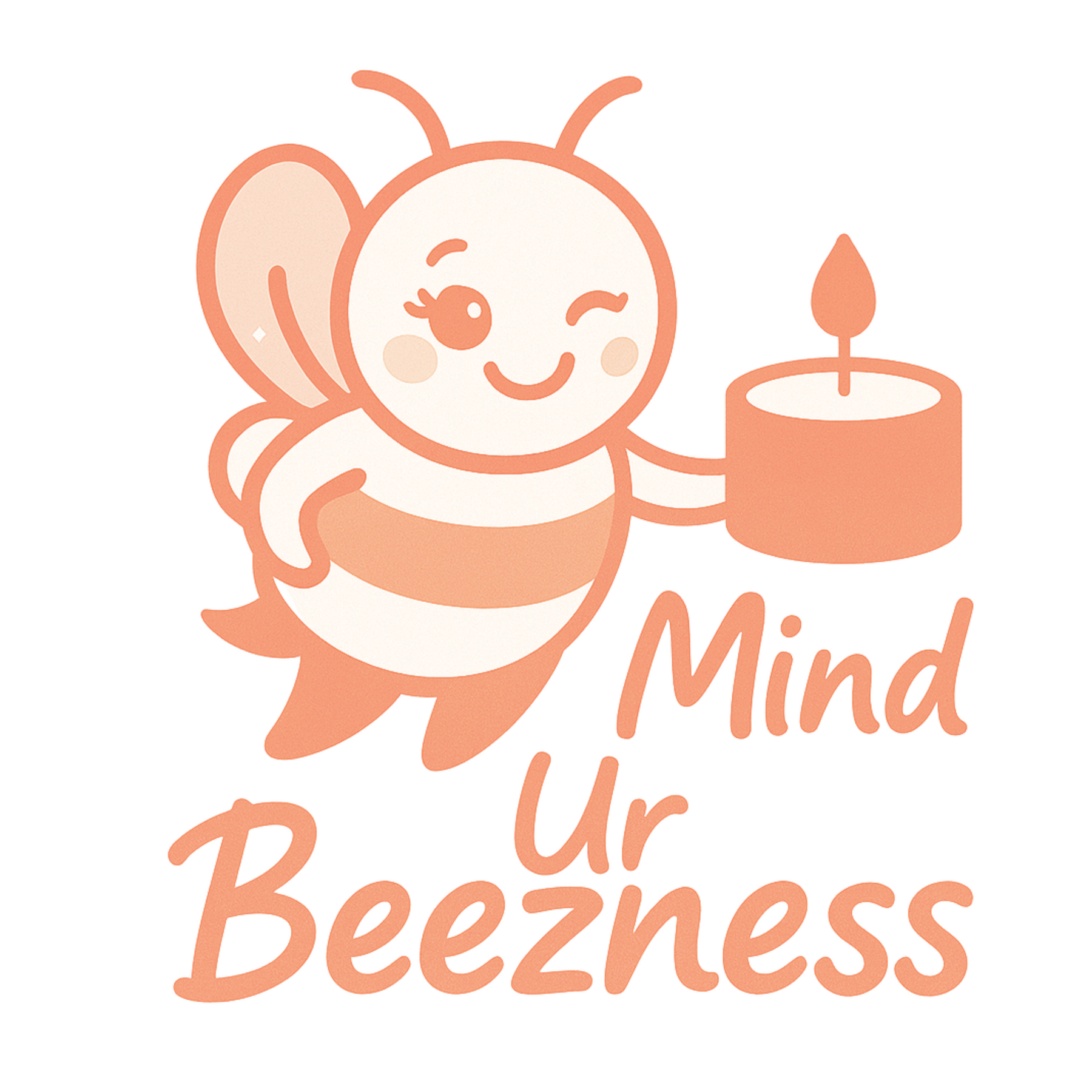 Cute illustrated bee winking while holding a lit candle, with the brand name “Mind Ur Beezness” written below in soft orange lettering.
