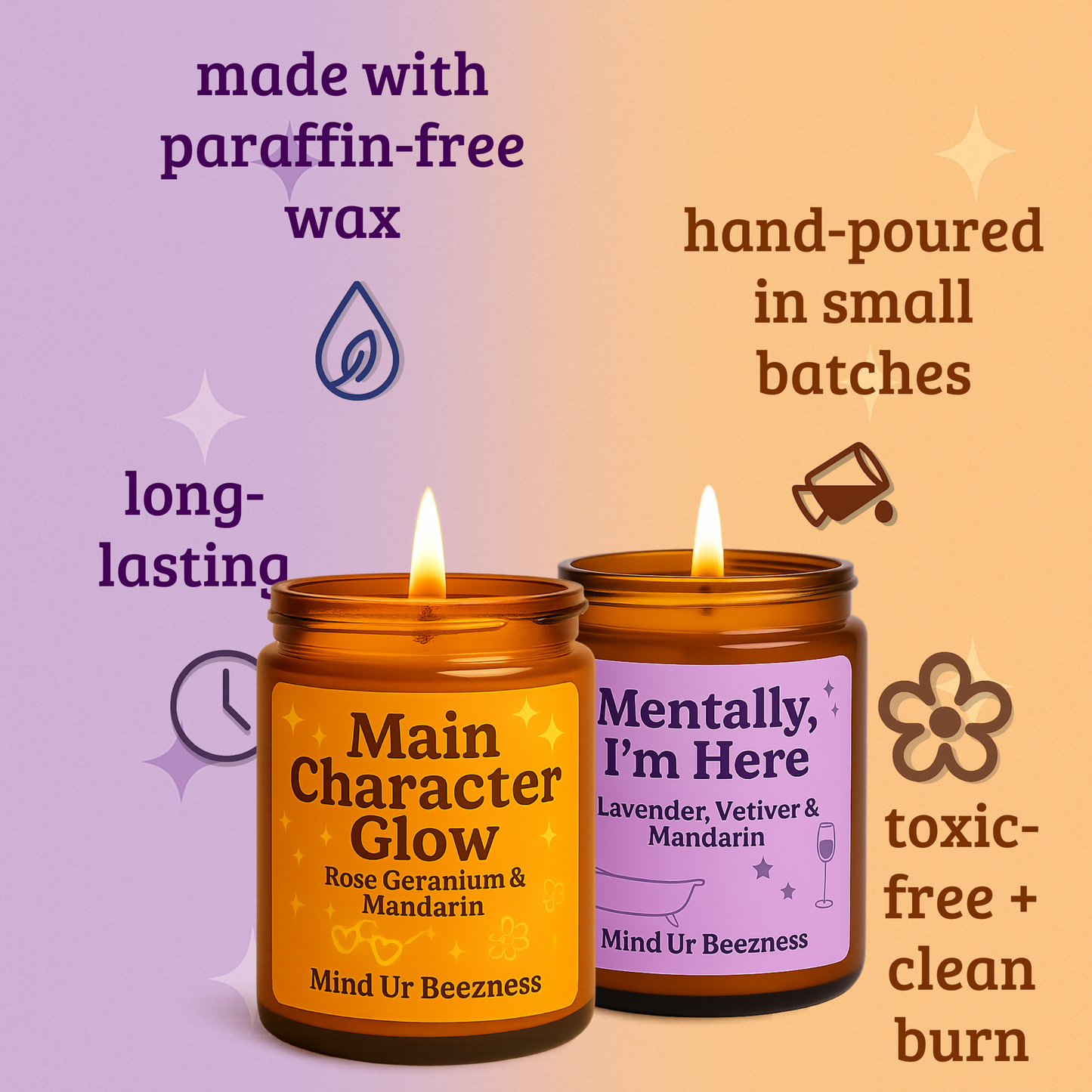 Two amber jar candles from Mind Ur Beezness — Main Character Glow and Mentally, I’m Here — displayed with key features like paraffin-free wax, hand-poured in small batches, long-lasting, and clean burning.